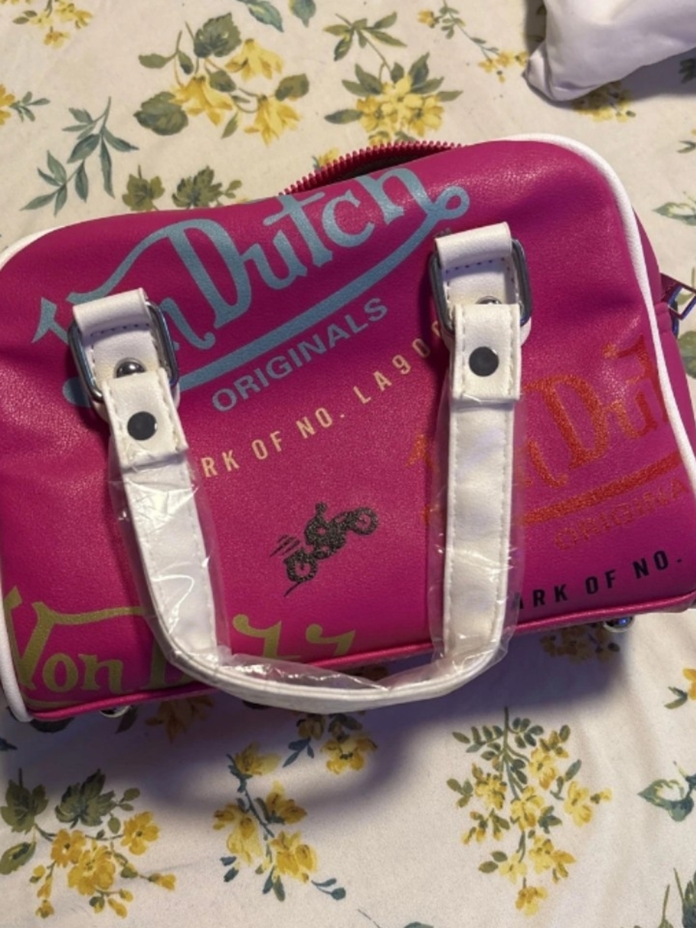 Von Dutch Hot Pink Logo Mini Satchel with White Handles